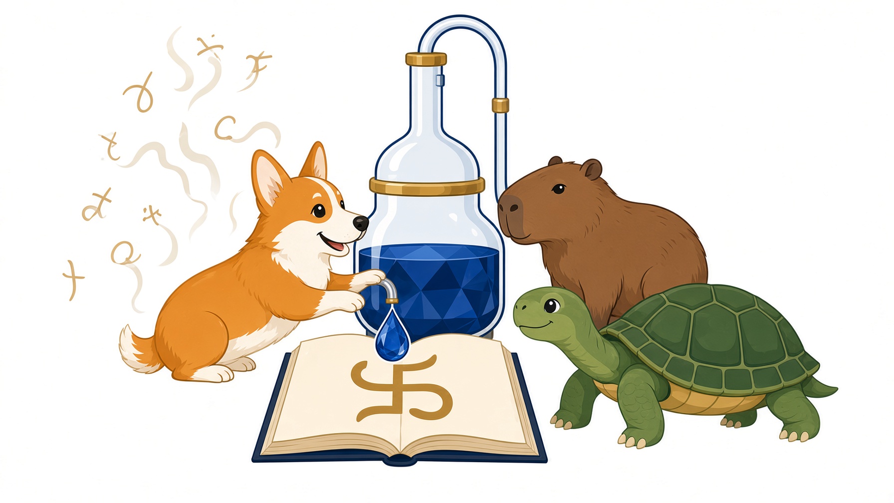 A corgi, a capybara, and a turtle around a glass alembic. Mathematical vapor condenses into a sapphire drop above a manuscript marked with a gold turnstile.